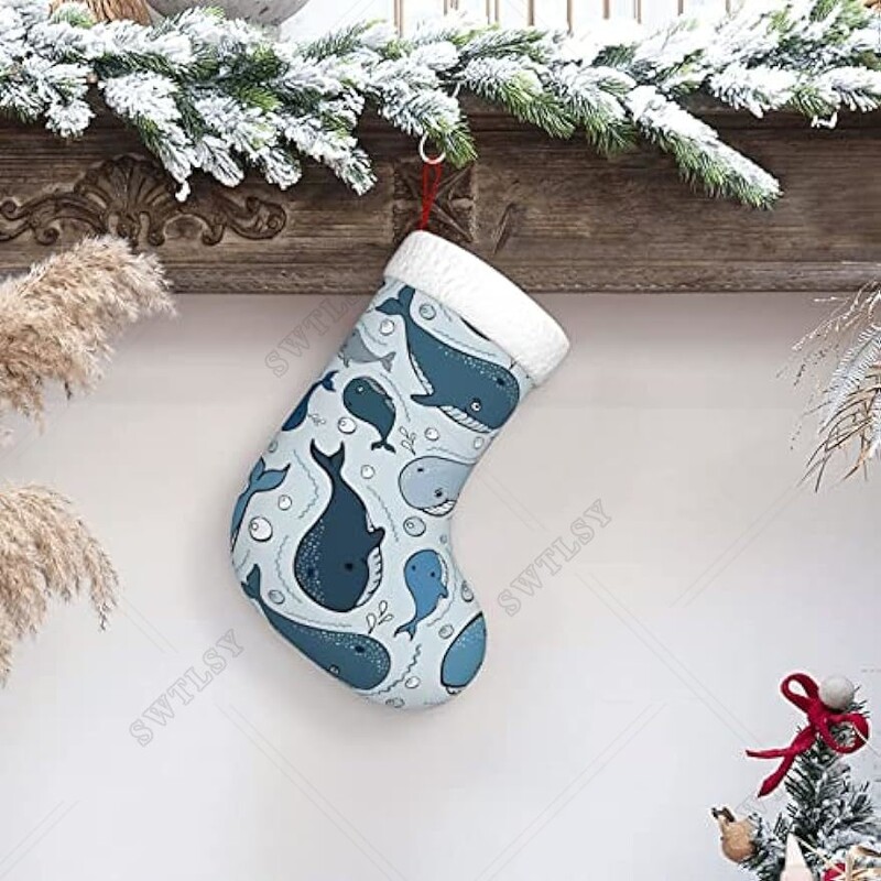 Χριστουγεννιάτικες κάλτσες Cartoon Blue Doodle Sharks Χριστουγεννιάτικες κάλτσες για διακοσμήσεις χριστουγεννιάτικων πάρτι