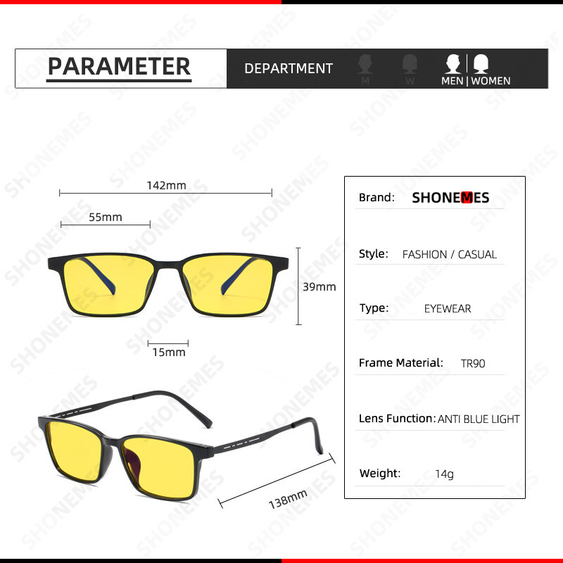 Shonemes naktinio matymo akiniai TR90 rėmeliai anti mėlynai šviesa kvadratiniai akiniai Optiniai kompiuterio akiniai juodi mėlyni vyrams moterims