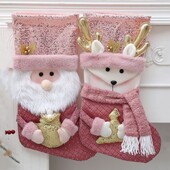 Didelės talpos rožinės kalėdinės kojinės Dekoratyvinės kojinės Kalėdų Senelis Kojinės Rožinės Kalėdų Senelis / Sniego senelis / Briedis