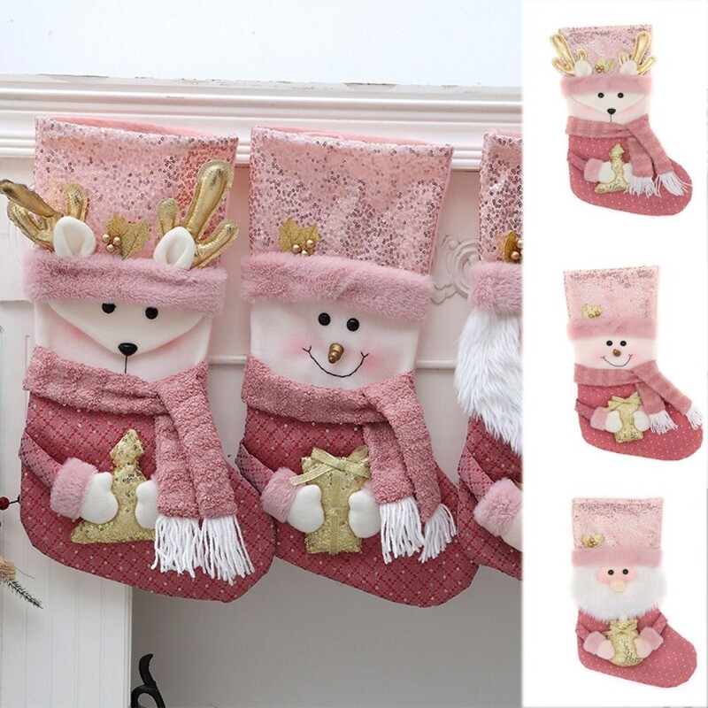 Didelės talpos rožinės kalėdinės kojinės Dekoratyvinės kojinės Kalėdų Senelis Kojinės Rožinės Kalėdų Senelis / Sniego senelis / Briedis