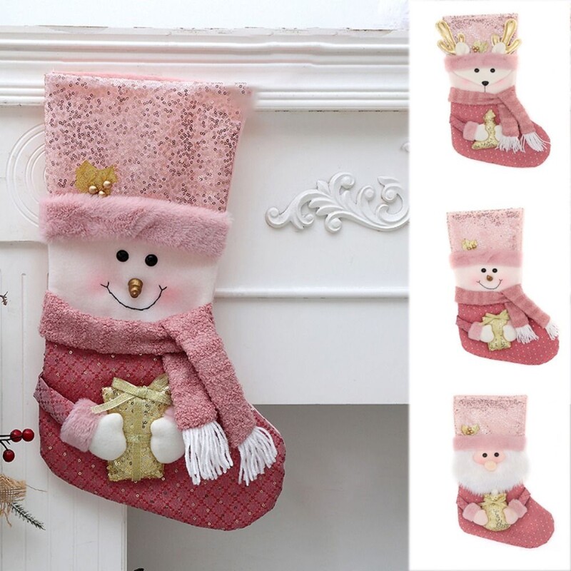 Didelės talpos rožinės kalėdinės kojinės Dekoratyvinės kojinės Kalėdų Senelis Kojinės Rožinės Kalėdų Senelis / Sniego senelis / Briedis