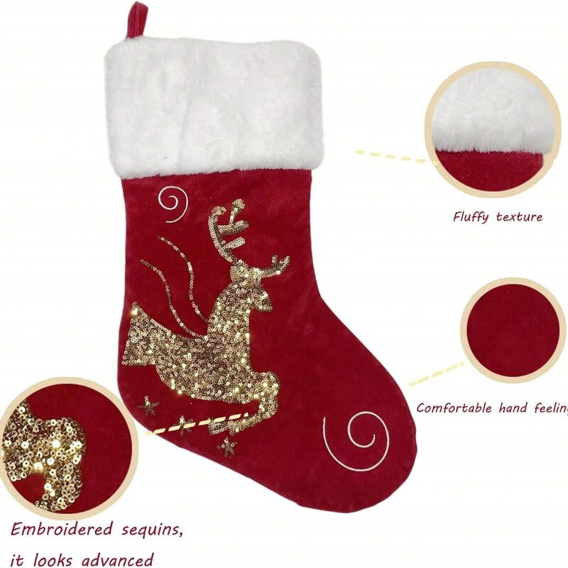 1 gab. 18 collu Ziemassvētku zeķes ar lielu plīša aproci, audekla zeķes ģimenes svētku Ziemassvētku ballīšu dekorēšanai