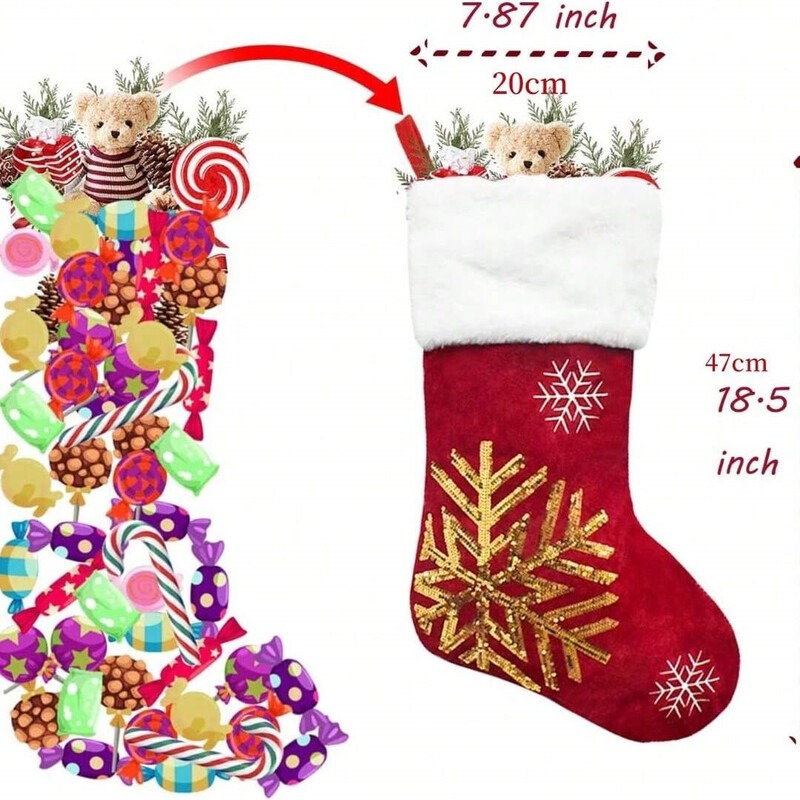 1 gab. 18 collu Ziemassvētku zeķes ar lielu plīša aproci, audekla zeķes ģimenes svētku Ziemassvētku ballīšu dekorēšanai