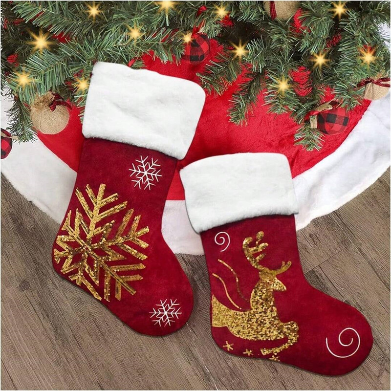 1 gab. 18 collu Ziemassvētku zeķes ar lielu plīša aproci, audekla zeķes ģimenes svētku Ziemassvētku ballīšu dekorēšanai