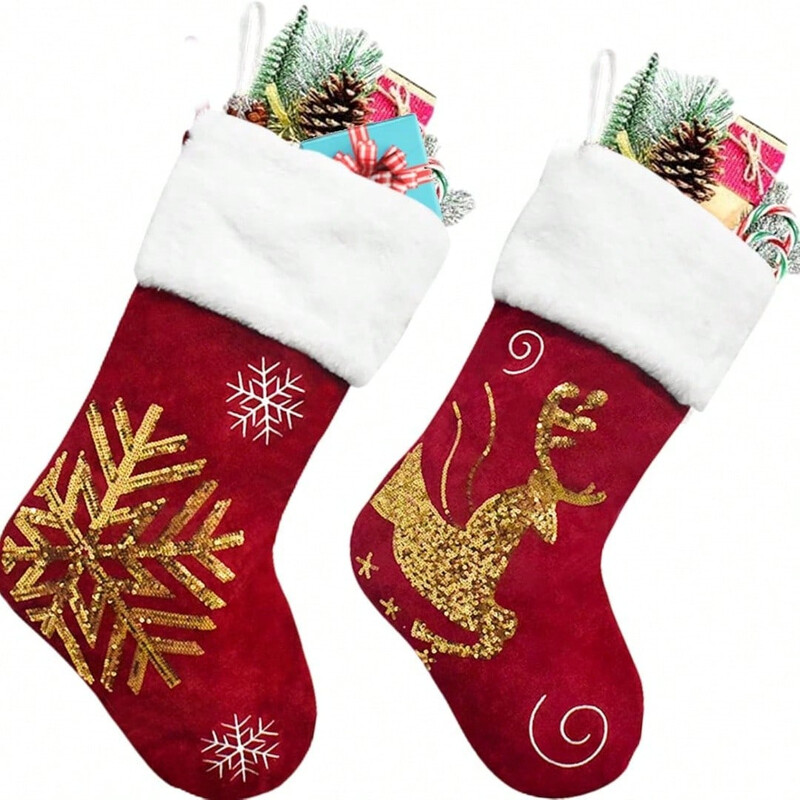 1 gab. 18 collu Ziemassvētku zeķes ar lielu plīša aproci, audekla zeķes ģimenes svētku Ziemassvētku ballīšu dekorēšanai