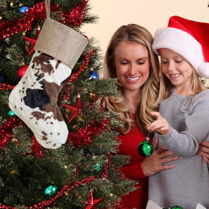 20 collu Ziemassvētku zeķes Lauku mājas govs apdrukas zeķes ar auklu lielām kājām Ziemassvētku dāvanu zeķes rotaļlietu maisiņam.