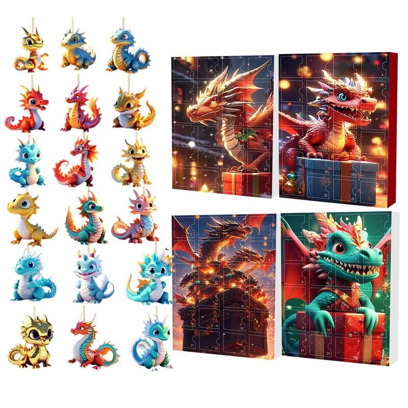 Drakono kalėdinis advento kalendorius 24 dienų atostogų Advento kalendorius 2D akrilo dinozaurų pakabukas, skirtas automobilio kalėdinės eglutės dekoravimui