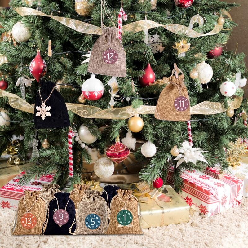 Kalėdiniai advento krepšiai 24 dienų atgalinis kalendorius, maišeliai, pakabinami saldainių dovanų maišeliai su raišteliu vaikams ir suaugusiems