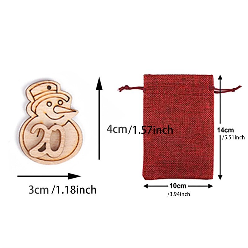 24gab Ziemassvētku Adventes kalendāra somas 24 dienu rotājumi 1-24 koka ierakstu etiķetes Ziemassvētku rotājumi