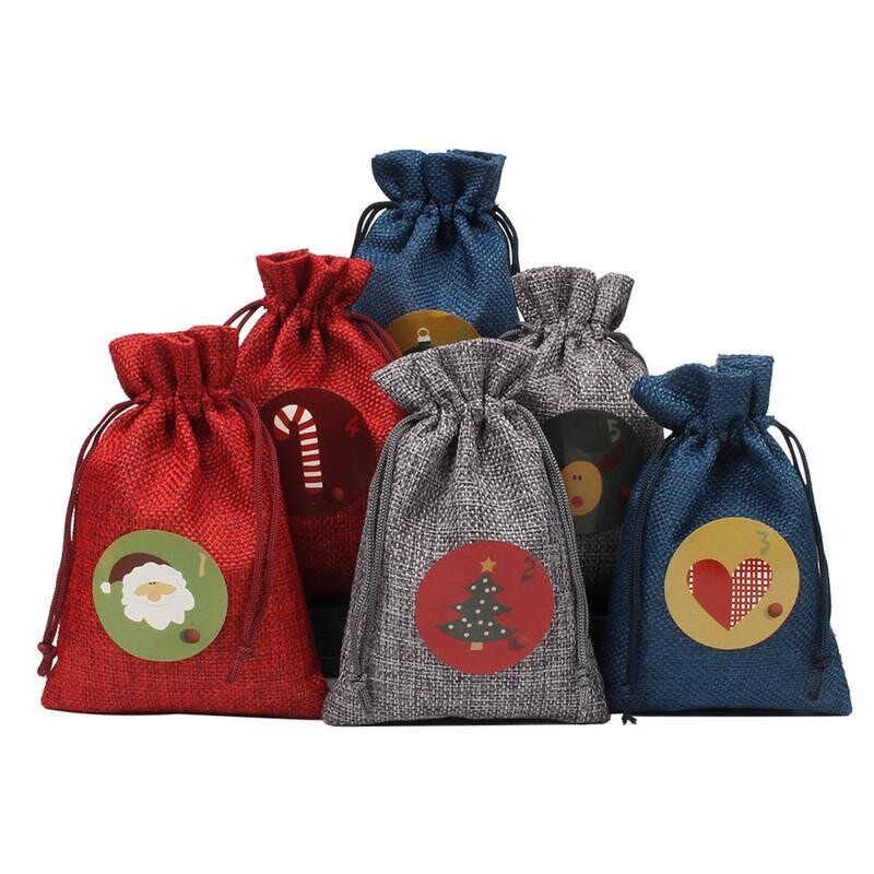 Kalėdų advento kalendoriaus maišeliai Dovanų numeriai Maišelio raišteliai 24 dienų audinys Advento kalendorius Saldainių maišeliai su spaustukais Kalėdų dekoras