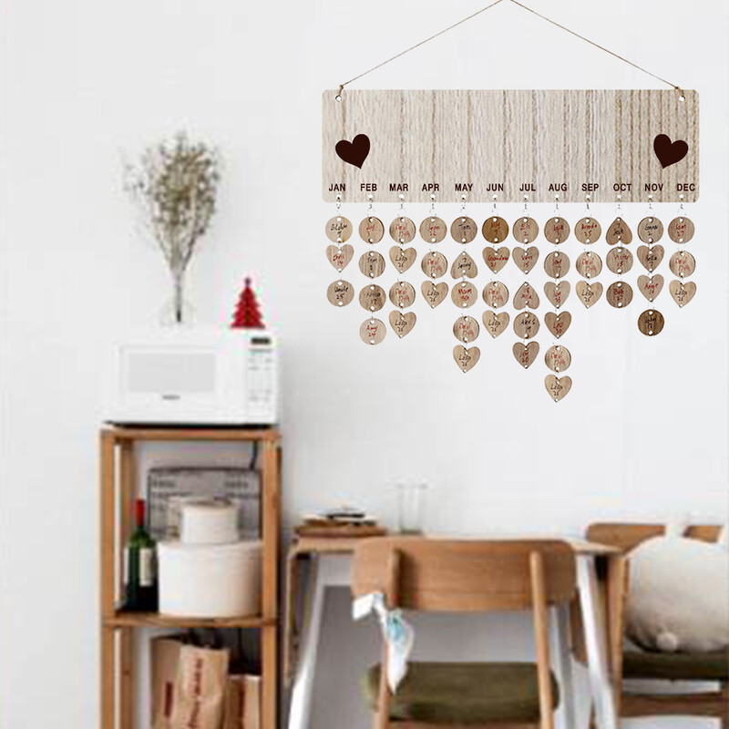 Priminimas Gimtadienio kalendoriaus lenta Medinė plokštelė, pakabinama ant sienos, širdelės griežinėliai Diskai Žymėti šeimos dekoras