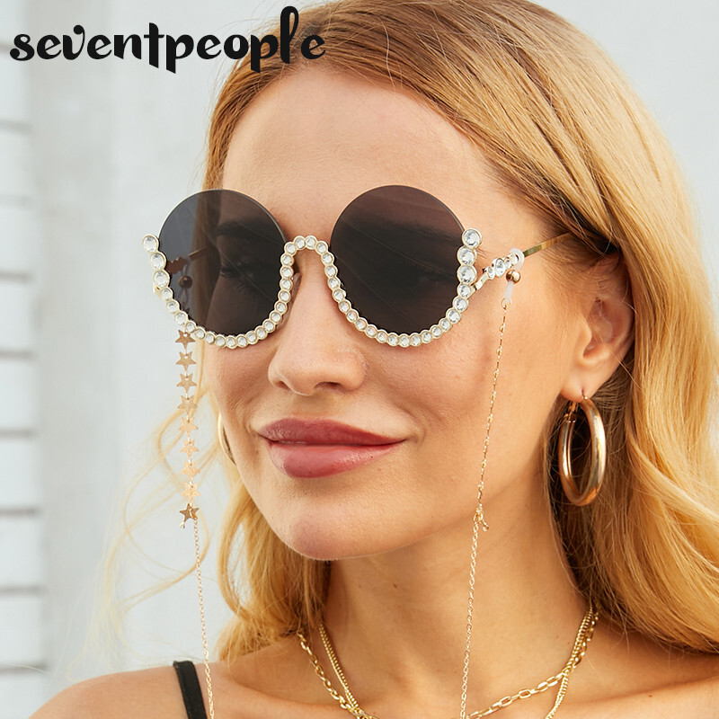 Moteriški 2021 m. apvalūs deimantiniai akiniai nuo saulės