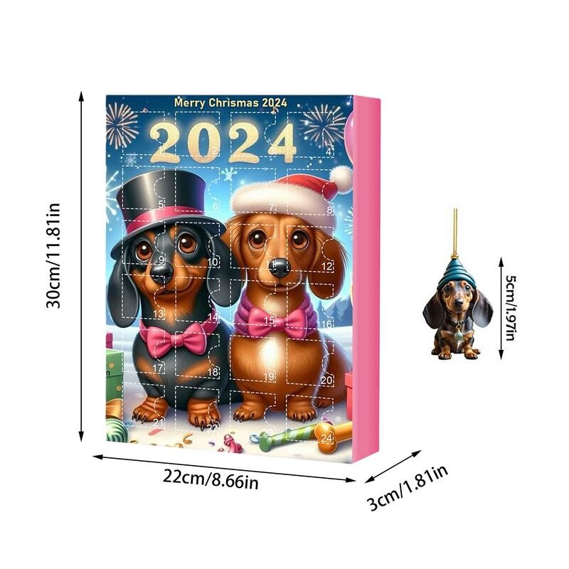 Calendar de Advent Teckel de Crăciun 24 de zile de Crăciun Set câine amuzant de colecție Calendar de numărătoare inversă Câine acrilic plat 2D