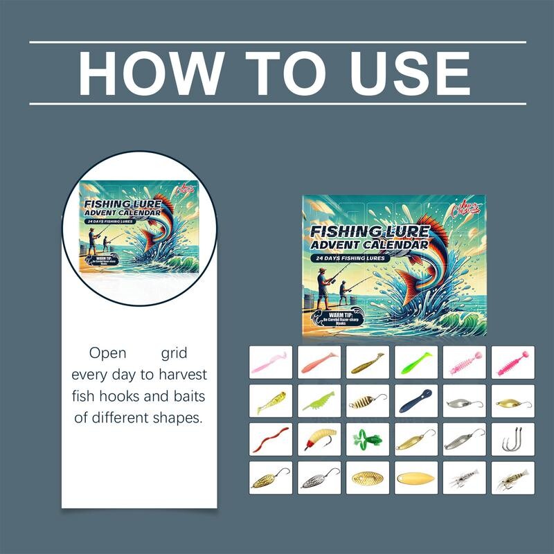 2024. gada Adventes kalendārs Makšķerēšanas Ziemassvētku atpakaļskaitīšana 24 dienas, Adventes makšķerēšanas kalendārs Ziemassvētki, Makšķerēšanas mānekļu komplekts makšķerniekiem