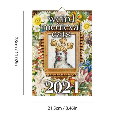 2024 m. viduramžių kačių kalendorius Keista viduramžių kačių sieninis kalendorius Bjaurios katės mėnesinis sieninis kalendorius su kačių nuotraukomis Meno dekoracijos