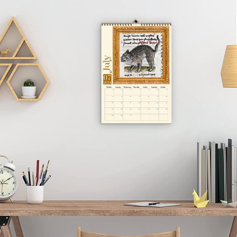 2024 m. viduramžių kačių kalendorius Keista viduramžių kačių sieninis kalendorius Bjaurios katės mėnesinis sieninis kalendorius su kačių nuotraukomis Meno dekoracijos