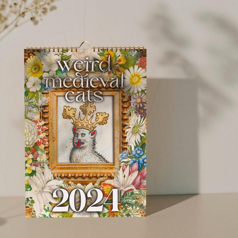 2024 m. viduramžių kačių kalendorius Keista viduramžių kačių sieninis kalendorius Bjaurios katės mėnesinis sieninis kalendorius su kačių nuotraukomis Meno dekoracijos