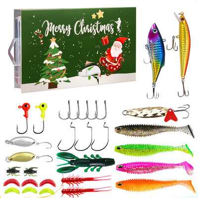 Calendar de Advent pentru Pescuit 2024 Naluci Moale Linguri Minnow Calendar Numărătoare inversă de Crăciun Set Naluci de Pescuit Cadouri Surpriză de Crăciun pentru bărbați