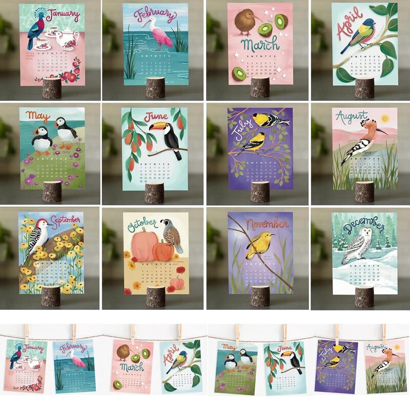 Ručno crtani stolni kalendar s temom ptica za 2025., 12-mjesečna stranica Mjesečni stojeći stolni kalendar, starinski kalendar s ilustracijama ptica