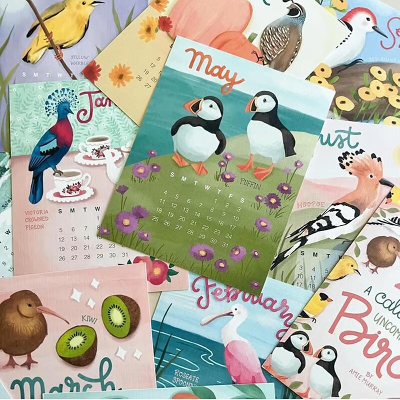 Ručno crtani stolni kalendar s temom ptica za 2025., 12-mjesečna stranica Mjesečni stojeći stolni kalendar, starinski kalendar s ilustracijama ptica