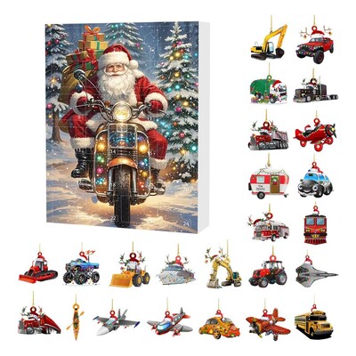 24 gab. Auto Kuloni Ziemassvētku Adventes Kalendārs Akrila 2D Ziemassvētku Fantāzijas Automašīnu šarms Atslēgu piekariņu rotaļu komplekts