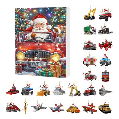 24 gab. Auto Kuloni Ziemassvētku Adventes Kalendārs Akrila 2D Ziemassvētku Fantāzijas Automašīnu šarms Atslēgu piekariņu rotaļu komplekts