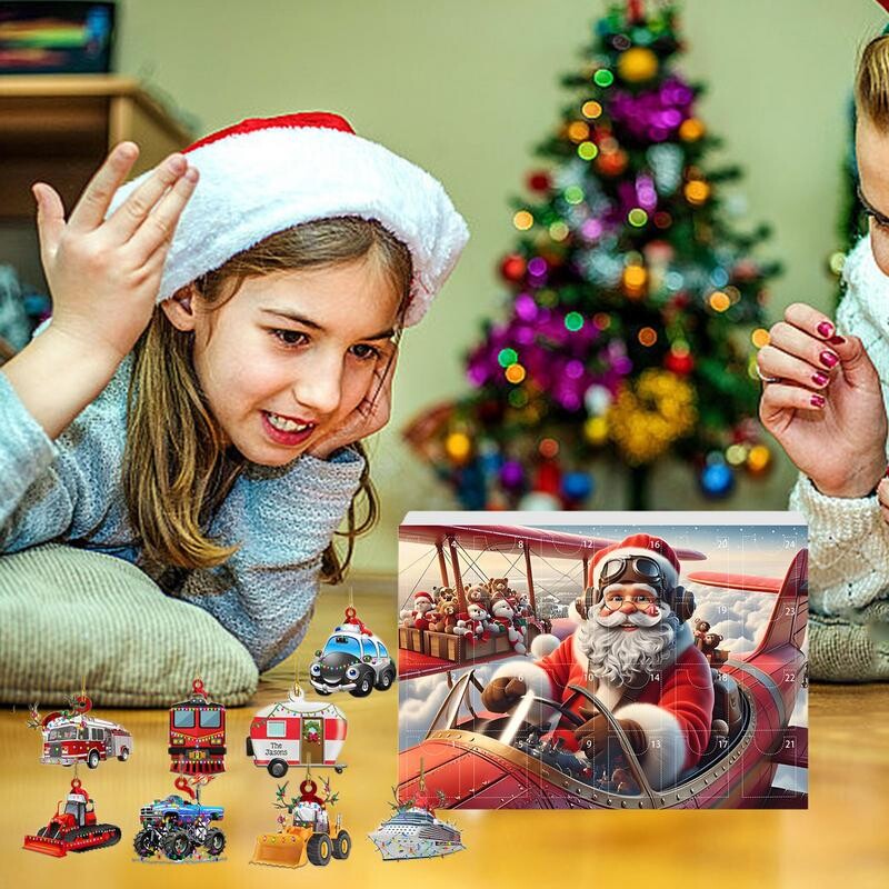 24 gab. Auto Kuloni Ziemassvētku Adventes Kalendārs Akrila 2D Ziemassvētku Fantāzijas Automašīnu šarms Atslēgu piekariņu rotaļu komplekts