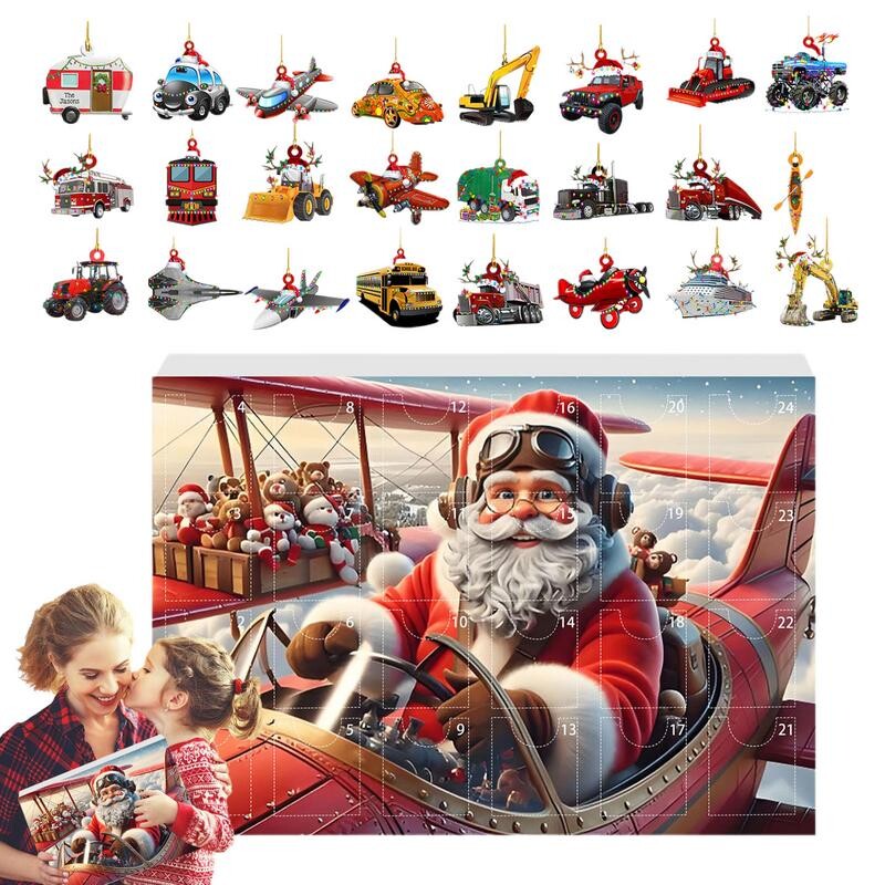 24 gab. Auto Kuloni Ziemassvētku Adventes Kalendārs Akrila 2D Ziemassvētku Fantāzijas Automašīnu šarms Atslēgu piekariņu rotaļu komplekts