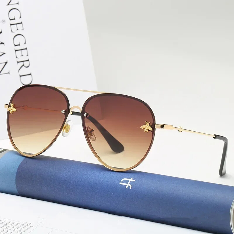 2024. gada luksusa zīmola dizainere sieviešu bezmalu saulesbrilles Aviation Woman saulesbrilles ar gradientu toņiem Little Bee Lens Sieviešu UV400 stars