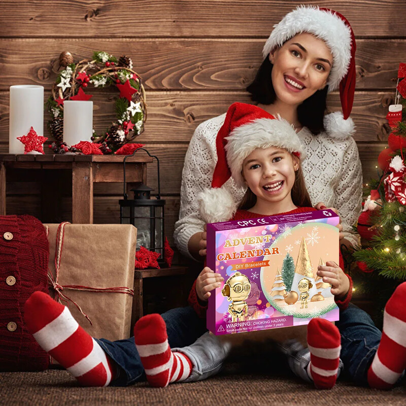 Adventes kalendārs 2024. gadam meitenēm Ziemassvētku 24 dienu atpakaļskaitīšanas kalendārs ar rokassprādzes gredzeniem, Ziemassvētku rotājums, dāvana meitenei