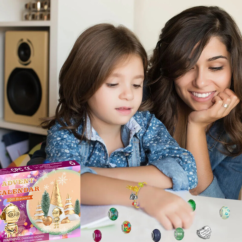 Adventes kalendārs 2024. gadam meitenēm Ziemassvētku 24 dienu atpakaļskaitīšanas kalendārs ar rokassprādzes gredzeniem, Ziemassvētku rotājums, dāvana meitenei