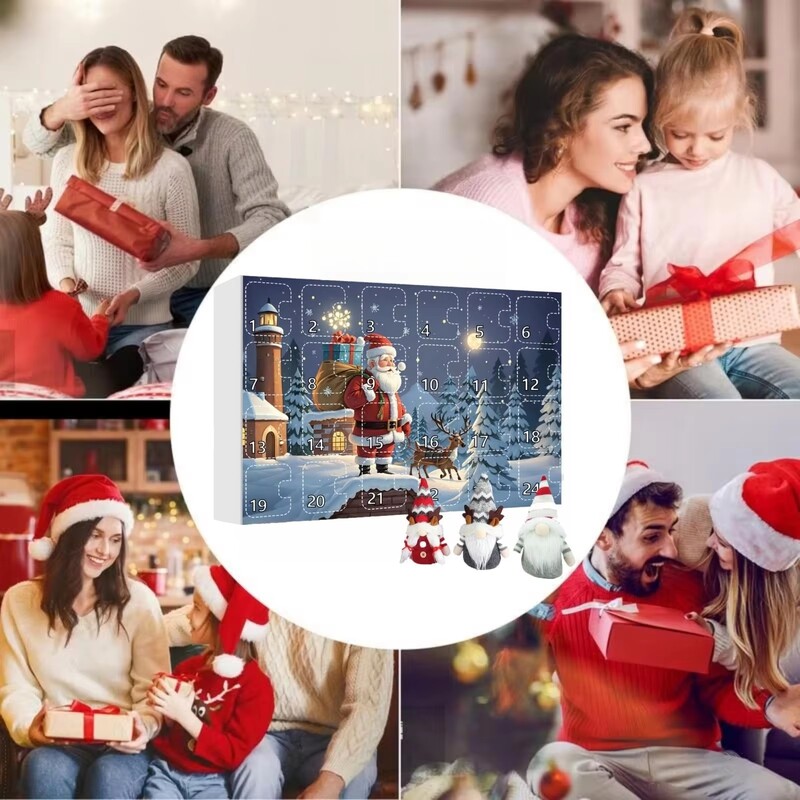 2024. gada Ziemassvētku rūķīšu Adventes kalendārs, 2024. gada Ziemassvētku atpakaļskaitīšanas kalendārs ar kolekcionējamu rūķīšu plīša leļļu rotaļlietu, Ziemassvētku dāvana