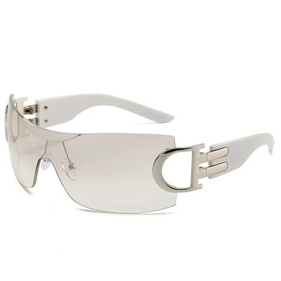 Be rėmelių apvyniojami Y2K akiniai nuo saulės moterims unisex futuristiniai dideli madingi akiniai nuo saulės berėmiai madingi skydiniai atspalviai