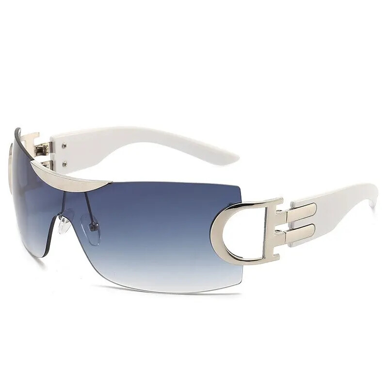 Be rėmelių apvyniojami Y2K akiniai nuo saulės moterims unisex futuristiniai dideli madingi akiniai nuo saulės berėmiai madingi skydiniai atspalviai