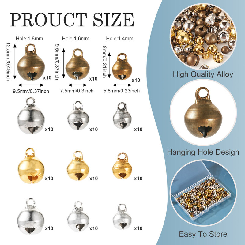 120gb sakausējuma zvana piekariņi 8mm 9mm 12mm mazi zvana zvaniņi krelles piekariņi rotaslietu izgatavošanai DIY Ziemassvētku ballītes dekorācijas dāvana