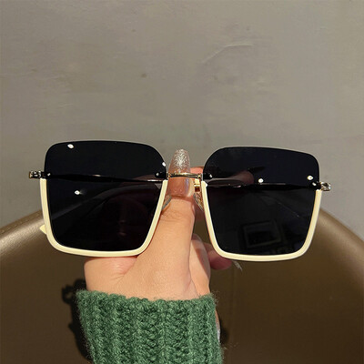 Modes Lielizmēra kvadrātveida saulesbrilles sievietēm Zīmols Retro liela rāmja saulesbrilles sievietēm Metāla daļēji bezmalas dizainers Oculos De Sol