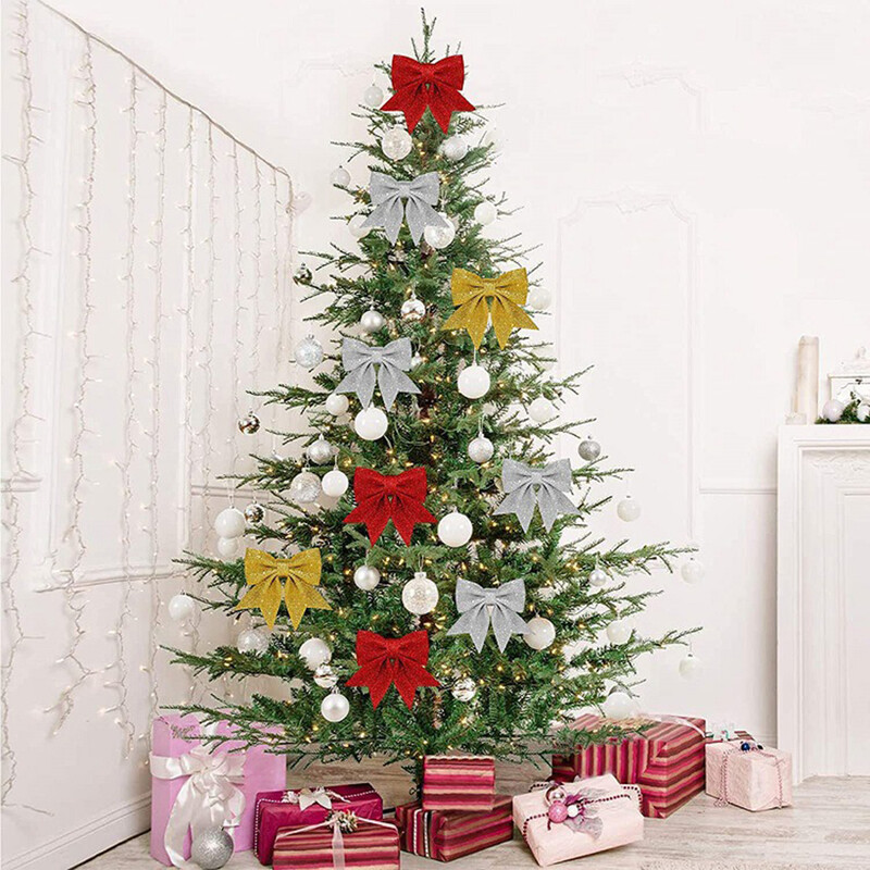 5 bucăți/set 14 cm decorațiuni cu funde de Crăciun strălucitoare, ornamente pentru brad de Crăciun, pentru acasă, pentru petrecerea de Anul Nou, de Crăciun, decorațiuni cu funde