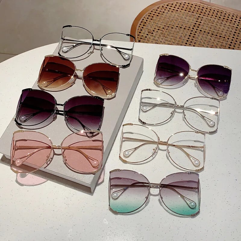Túlméretes fém napszemüveg női luxus márka tervező elegáns rózsaszín napszemüveg vintage nagy keret gyöngy árnyalatok UV400