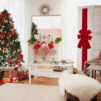 Xmas Large Red Organza Φιόγκος DIY Χριστουγεννιάτικη διακόσμηση μπροστινής πόρτας Κρεμαστός φιόγκος Γάμος Παραδοσιακός έτοιμος φιόγκος πόρτας Πρωτοχρονιάτικο ντεκόρ