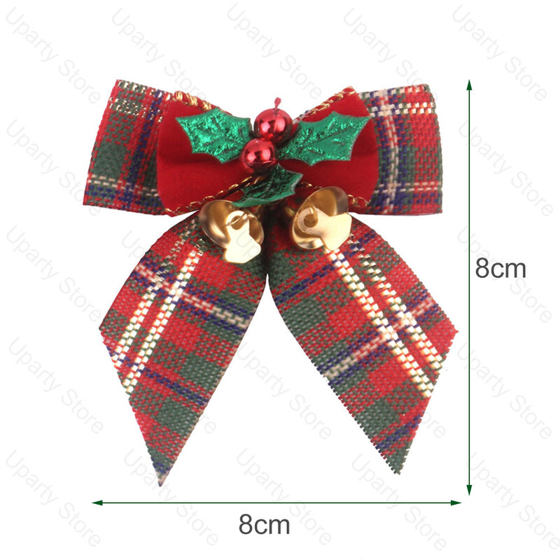 10 vnt. 8 cm lankeliai Kalėdų eglutės puošmenoms Auksinis varpelis žalias raudonas tinklelis lankai Naujųjų metų Kalėdų papuošimams 2024 m.