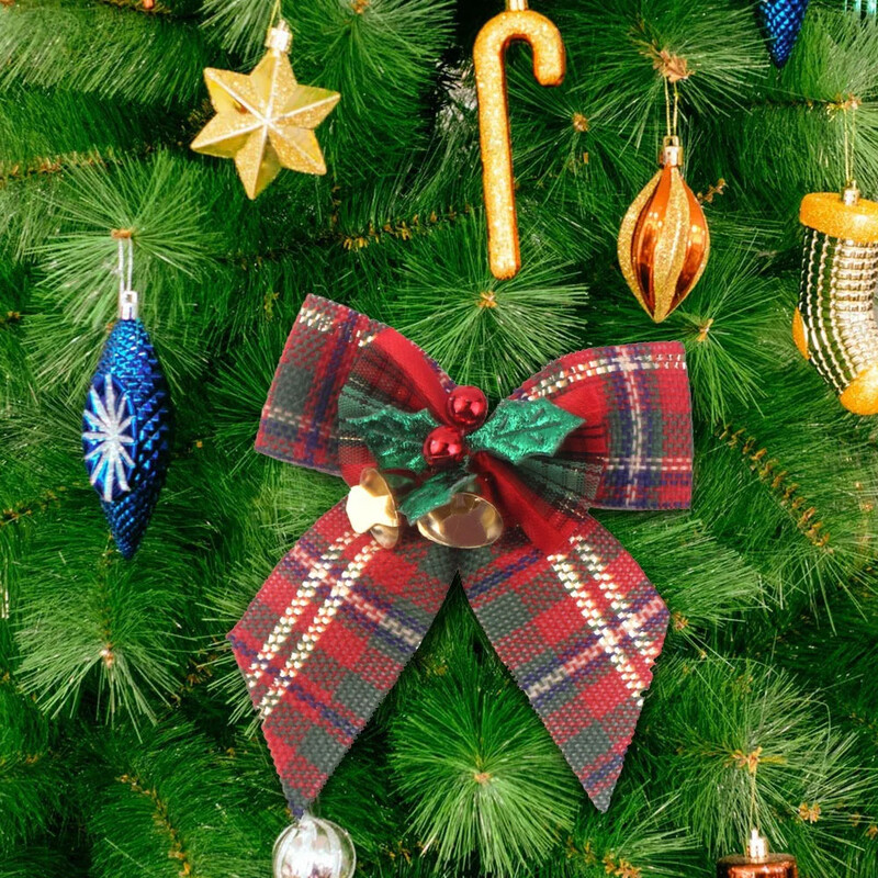 10 vnt. 8 cm lankeliai Kalėdų eglutės puošmenoms Auksinis varpelis žalias raudonas tinklelis lankai Naujųjų metų Kalėdų papuošimams 2024 m.