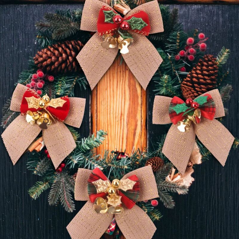 10 vnt. 8 cm lankeliai Kalėdų eglutės puošmenoms Auksinis varpelis žalias raudonas tinklelis lankai Naujųjų metų Kalėdų papuošimams 2024 m.