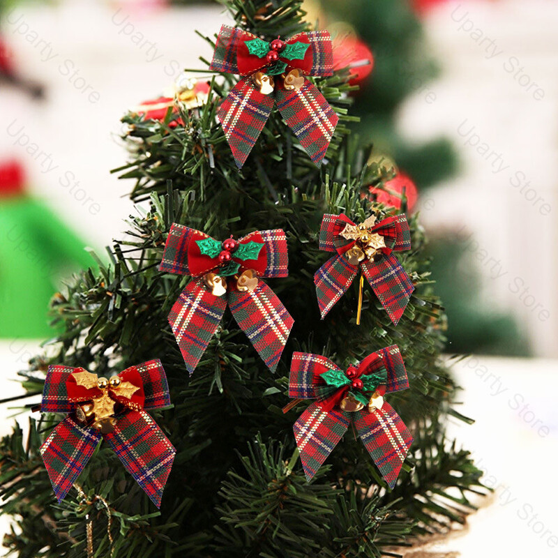 10 vnt. 8 cm lankeliai Kalėdų eglutės puošmenoms Auksinis varpelis žalias raudonas tinklelis lankai Naujųjų metų Kalėdų papuošimams 2024 m.
