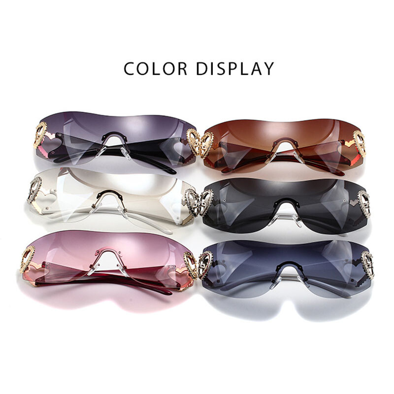 Új Y2K összefűzött test napszemüveg Női dekoratív szív alakú tükör lábak határtalan napszemüvegek kültéri sport szemüvegek UV400