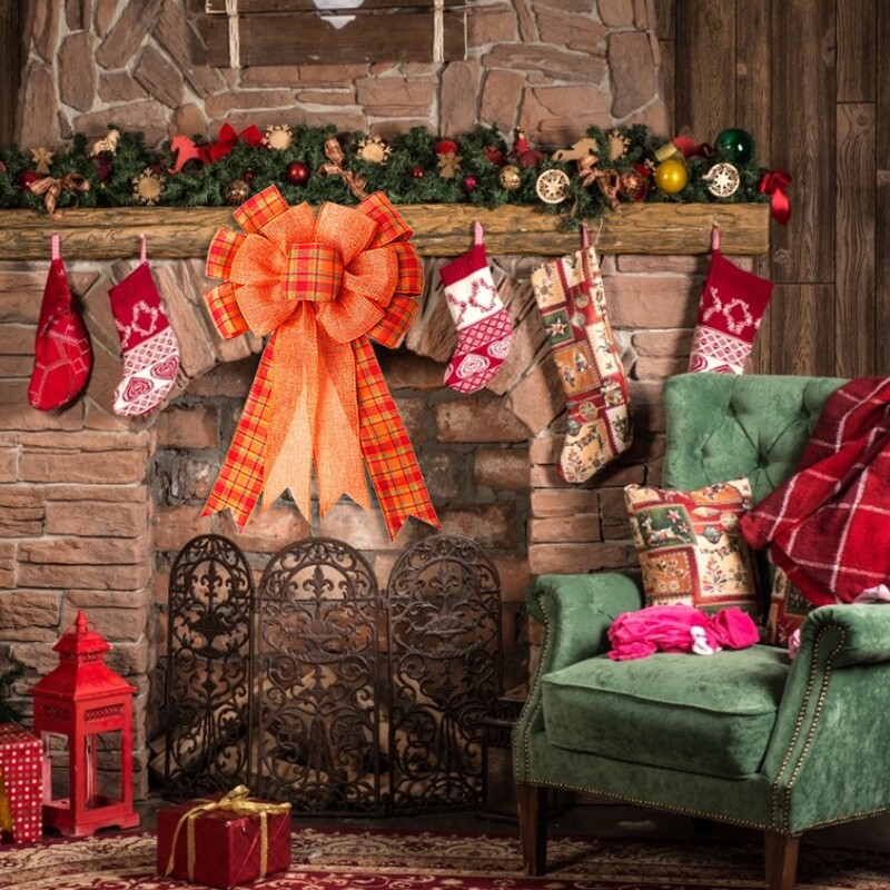 Φιόγκος των Ευχαριστιών Χριστουγεννιάτικο Ριγέ Καρό Φιόγκος Χριστουγεννιάτικο Δέντρο Πορτοκαλί Κόκκινη Κορδέλα Κόμπος Οικογενειακό Χριστουγεννιάτικο Δέντρο Διακόσμηση κουτί δώρου