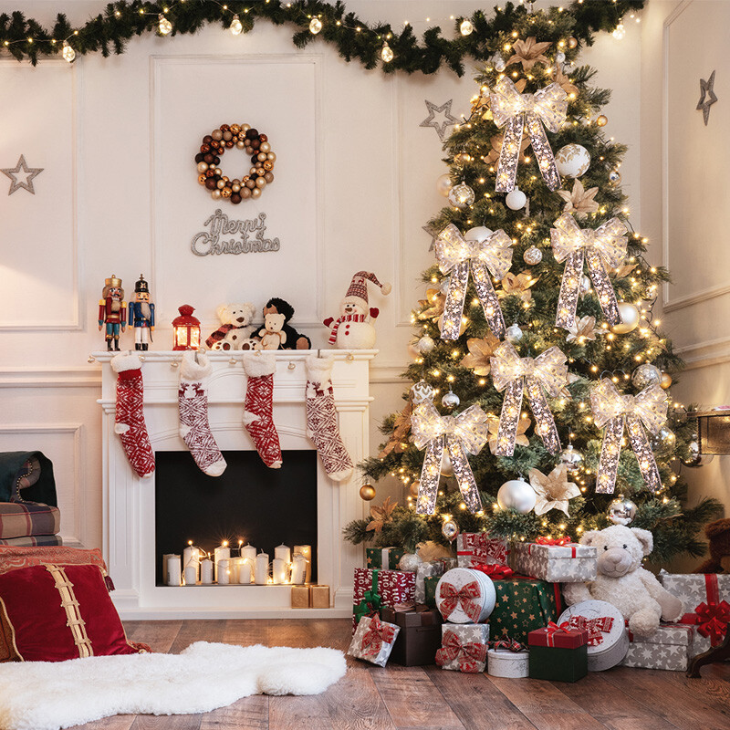 Karácsonyfa LED-es fényű masnis szalag karácsonyi díszek otthoni fa tetejére függő díszek 2025 újévi buli barkács ajándékok kézműves