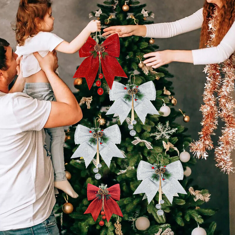 2db Határon átnyúló új karácsonyi medálok nagy gyöngyház pamut masni karácsonyfadíszek arany rózsaszín fenyőtoboz masni függesztők