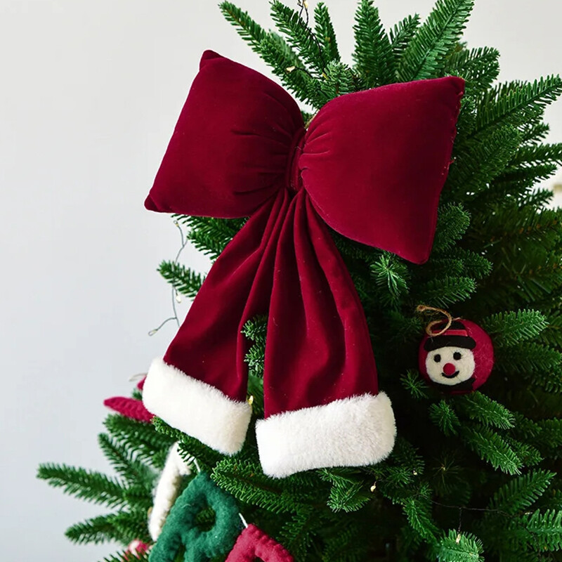 Craciun, catifea rosie mare, pandantiv pentru brad de Craciun, fundita rosie, decorare pentru nunta de Craciun, ornamente pentru casa din fata, pandantiv cu fundita
