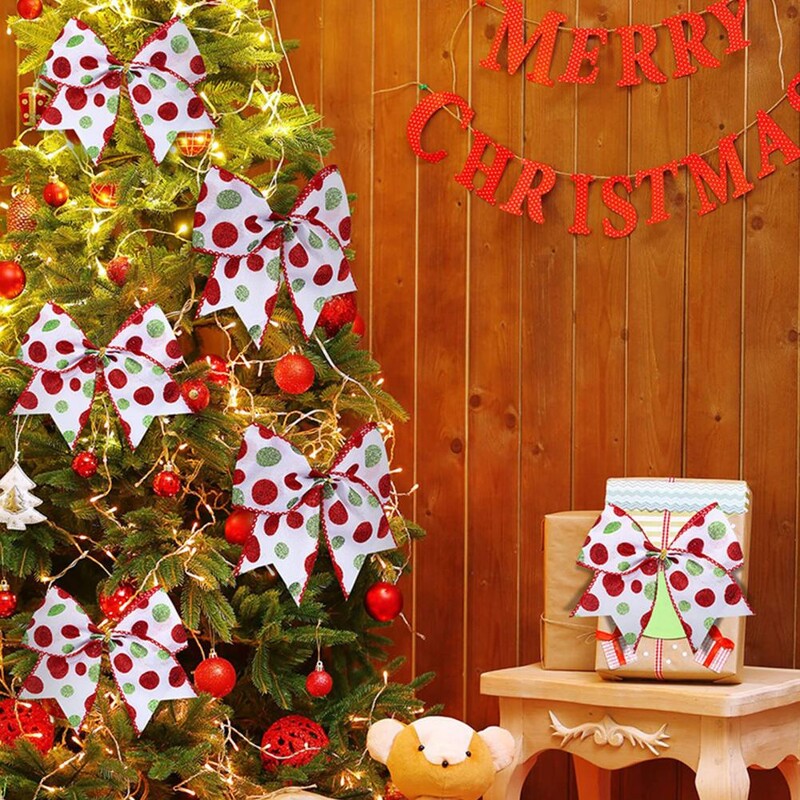 12 bucăți 6 inch decorațiuni cu fundă de Crăciun fundite mari coroană de Crăciun fundă cu sclipici cu puncte ornamente pentru cadouri de Crăciun 2025 fundă