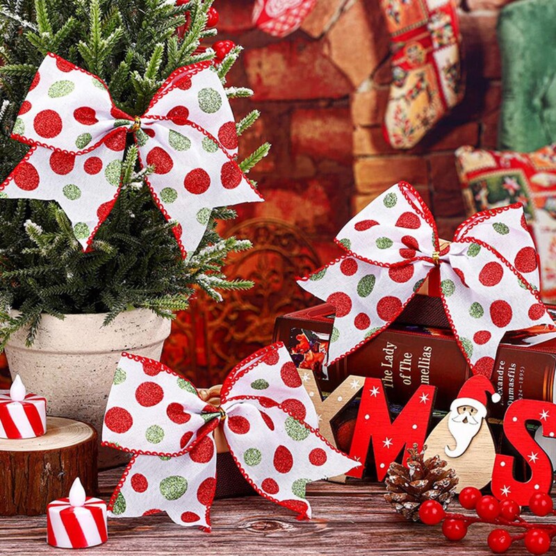 12 bucăți 6 inch decorațiuni cu fundă de Crăciun fundite mari coroană de Crăciun fundă cu sclipici cu puncte ornamente pentru cadouri de Crăciun 2025 fundă